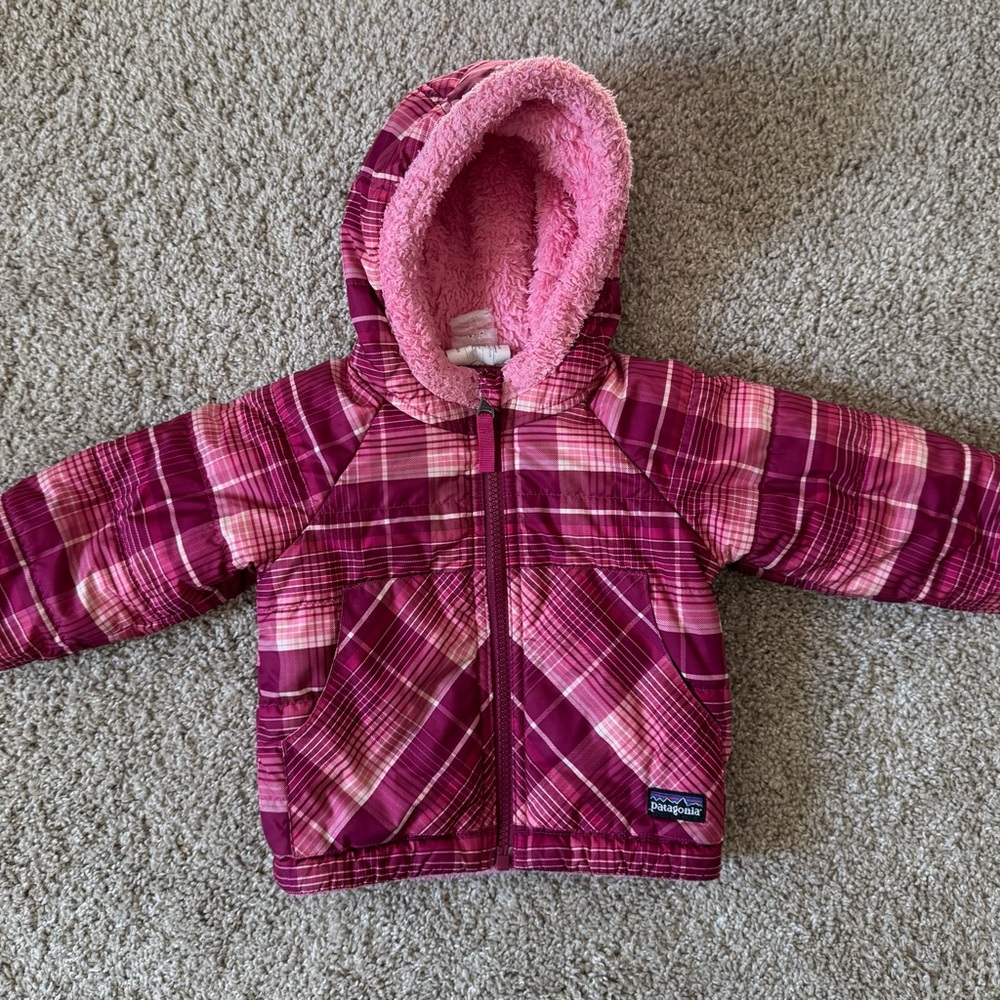 Patagonia Pink Plaid Hooded Puffer Jacket